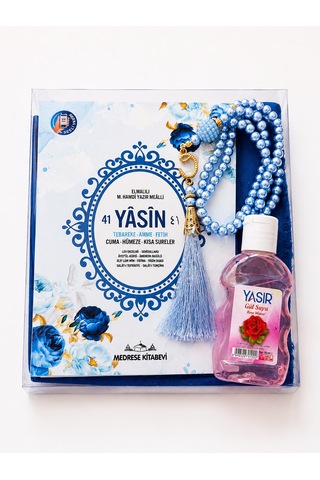 Bilenler Mevlit Hediye Seti İsim Baskılı- Eşarp İnci Tesbih Gül Suyu Özel Kutulu Set Mavi