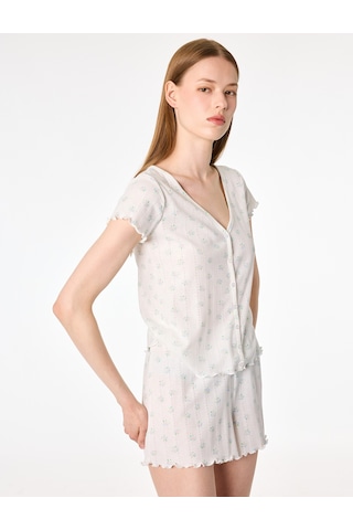 Koton Düğmeli V Yaka Kısa Kollu Desenli Şortlu Pijama Takımı Beyaz Beyaz 6slk40141mk