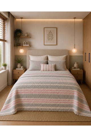 Çift Kişilik Pamuklu Pike 215x240 Cm Püsküllü Dokuma Yatak Örtüsü Geometrik Desen Pembe