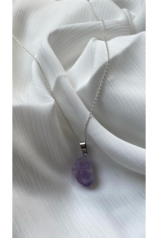 İlknur Doğal Taş Evi Ahşap Kutulu Ametist Gümüş Kolye