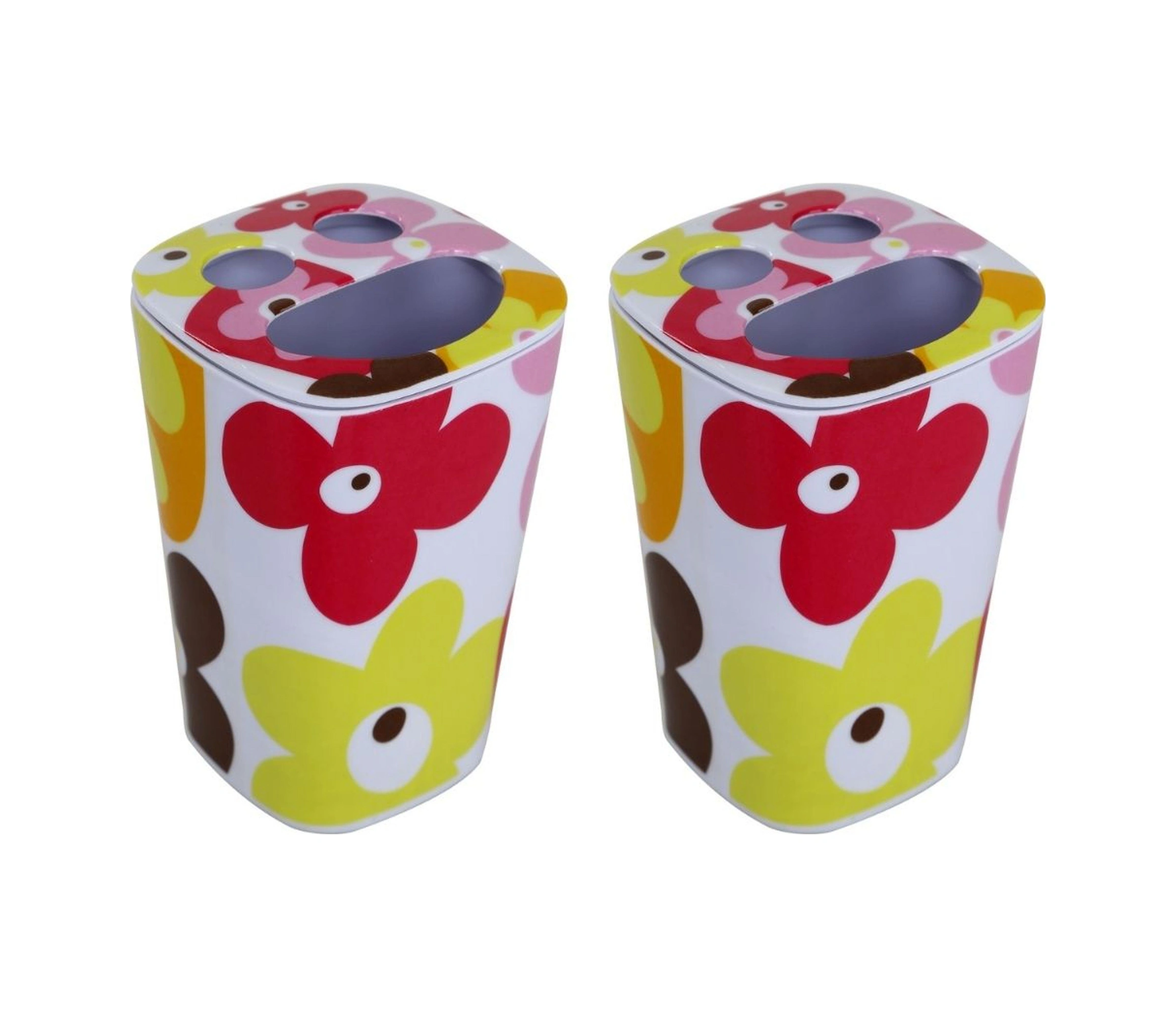 2 Adet Diş Fırçalık Kırmızı Papatya Melamin 7x7x11cm Banyo Seti Çok Renkli