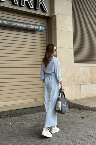 WeShaya Kadın Bebe Mavi Beli Lastikli, Rahat Kalıp, Cepli Uzun Etek Bebe Mavisi