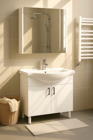 Makbulce 80 Cm Beyaz Mdf Seramik Lavabolu Ayaklı Aynalı Banyo Dolabı Beyaz