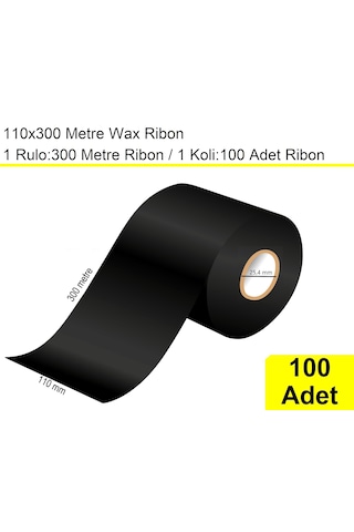 110x300 Metre Wax Siyah Ribon 100 Adet / En:110 Mm Boy:300 Metre 100