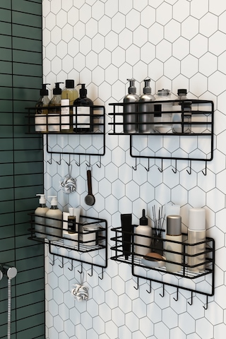 Avantajlı 4 Adet 34 Cm Paslanmaz Yapışkanlı Banyo Düzenleyici Şampuanlık Banyo Rafı Siyah