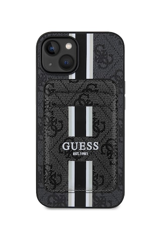 Apple Uyumlu iPhone 14 Kılıf Guess Lisanslı Magsafe Şarj Özellikli 4g Desenli Çizgili Kartlıklı Kapak Siyah