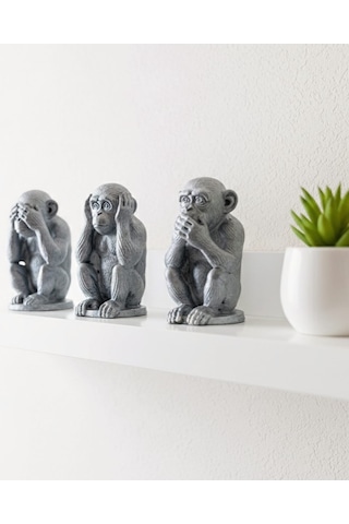 3'lü Dekoratif Gümüş Eskitme Maymun Biblo Seti 8.30cmx4.30cm