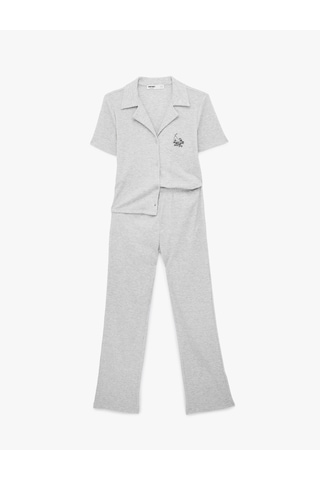 Koton Rahat Kalıp Gömlek Yaka Kedi İşleme Detaylı Kısa Kollu Fitilli Pijama Takımı Gri Melanj 6slk40089mk