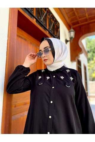 Taşlı Şık Düğme Detaylı Gömlek Siyah