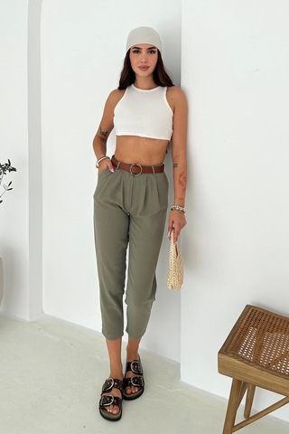 Kemer Detaylı Keten Pantolon Haki Haki