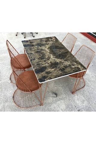 Masa Tel Sandalye Model Takım Metal Çelik Rose Japon Ayak Mdf Lam Siyah Mermer Tabla El Yapım