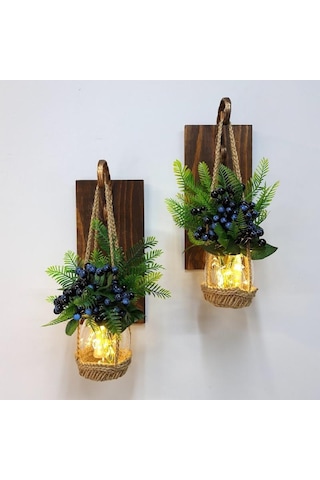 Duvar Dekoru, Led Işıklı, Mavi Kokina Çiçekli, Ceviz Aplik İkili Set