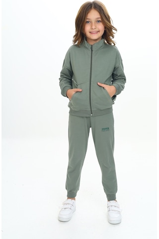 Toontoy Kids Toontoy Kız Çocuk 2'li Takım Dik Yaka Fermuarlı Cepli Sweatshirt & Beli Paçası Ribanalı Jogger Eşofman Altı - 2 İplik Yeşil