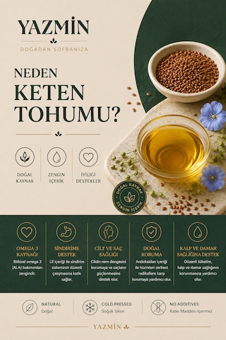 Yazmin Keten Tohumu Yağı 250 Ml Cam Şişe Soğuk Sıkım %100 Saf Doğal Keten Yağı