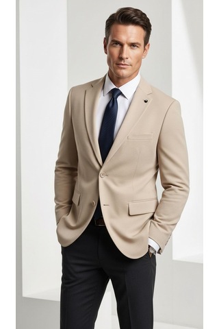 Plus Scorpion Erkek Slim Fit Çift Düğme Çift Yırtmaçlı Blazer Ceket Premium Dokulu Kumaş Bej