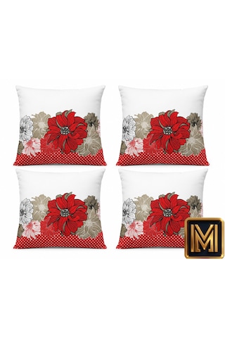 Kırlent 8 4'lü Dekoratif Kırlent Kılıfı Seti 45x45 Cm Kırmızı Çiçek Desenli Modern Salon Ve Koltuk Yastık Kılıfı Gizli Fermuarlı Çok Renkli