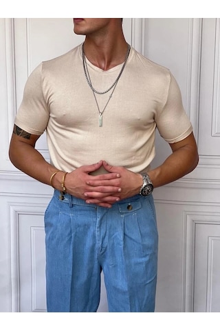 Modefendi Slim Fit Pamuk Triko Kumaş Tshırt Krem