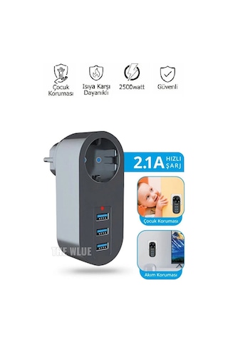 Akım Korumalı Tekli Duvar Priz 3xusb 2.1a 2500watt Çocuk Korumalı Diğer