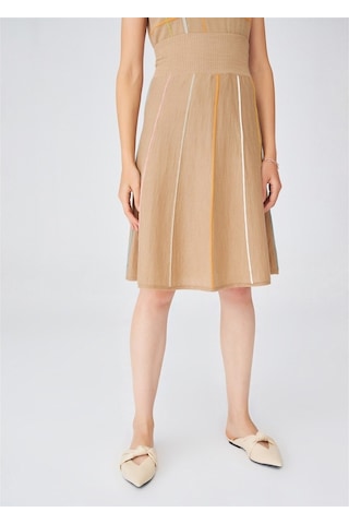 Peraluna Çizgili Yüksek Bel Bol Kesim Diz Altı Kadın Triko Etek C Camel