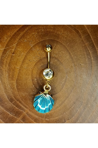 Aya Tasarım Gold Renk Turkuaz İstiridye Figürlü Göbek Piercing Altın
