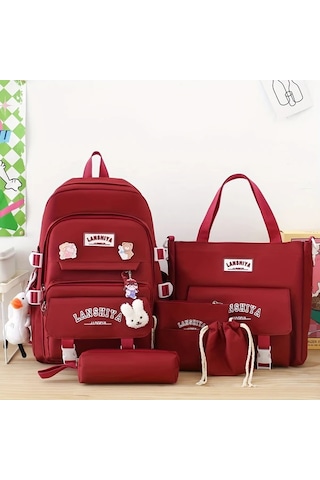 Honeybeeshop Beyaz Sarkıt Desenli 5li Kanvas Okul Sırt Çantası Seti Büyük Kapasiteli