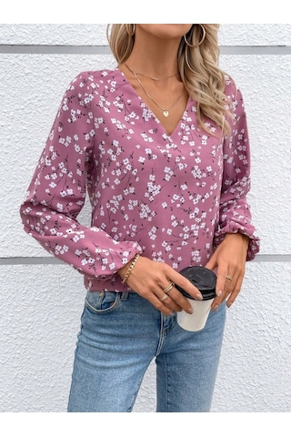 Moderie Butik Kadın Uzun Kollu V Yakalı Çiçek Desenli Modal Bluz Pembe