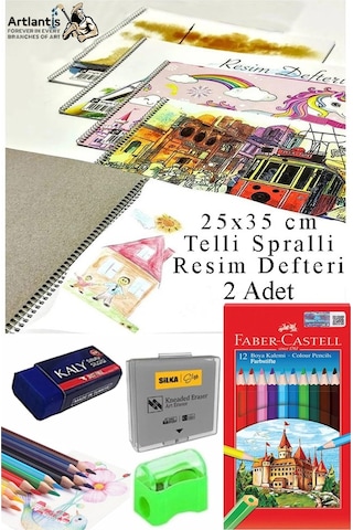 12 Renk Kuru Boya 25x35 Cm Telli Spralli Resim Defteri Hamur Silgi Kalemtraş 15 Yaprak Resim Defteri Kuruboya Kalemi Çok Renkli