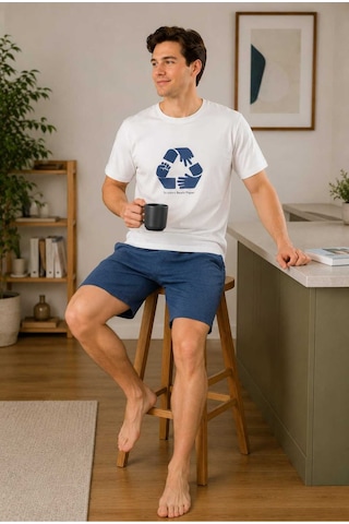 Tenra Erkek Kısa Kollu Şortlu Baskılı %100 Pamuk Pijama Takımı Ev Giyim Beyaz
