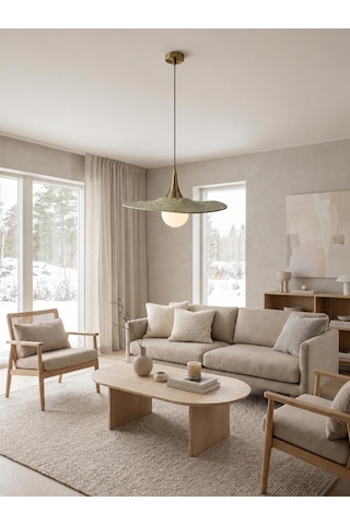 El Yapımı Sage Green Wabi Sabi Kil Sarkıt Avize, Çap 45 Cm, G9 Led Ampullü, Salon, Yemek Odası, Mutfak Adası
