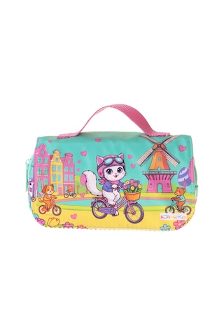 Kaukko Kids Taşıma Askılı Kız Çocuk Bisikletli Kedi Baskılı Şık Kalem Çantası Yeşil - Pembe - L5330 Çok Renkli