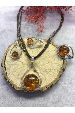 Kehribar Taşlı Gümüş Set 925 Ayar El İşi