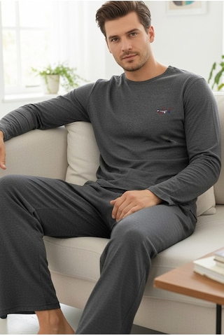 Siyah İnci Uzun Kollu Örme Erkek Pijama Takım 7795 Füme