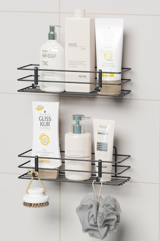 Yapışkanlı 2 Li Set Banyo Rafı Duş Şampuanlık Duvar Düzenleyici Organizer Siyah