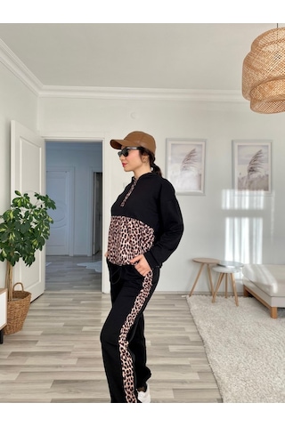 Modasize Kadın Uzun Kollu Leopar Detay Sweat Ve Yanı Leopar Şerit Detay Pantolon Ikili Takım Siyah