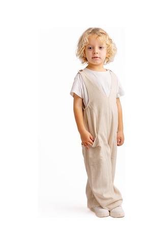 Unisex V Yaka Paça Lastikli Keten Salopet Naturel Naturel Bej