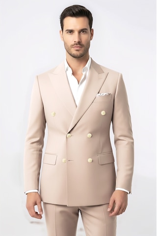 Gümüş Renk Metal Düğmeli Modern Fit Kruvaze Bej Erkek Takım Elbise Wessi Krem