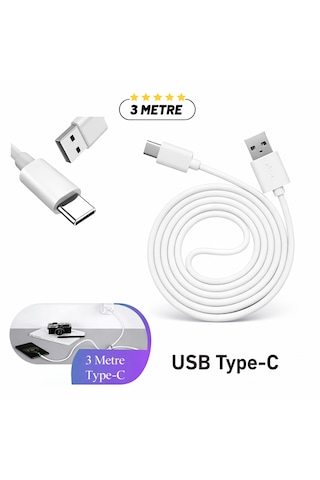 Uzun 3 Metre Usb-c Kablo Esnek, Sağlam Ve Uzun Ömürlü Type-c Kablo Beyaz