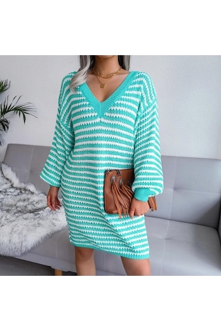 Novahub Kadın Sonbahar Kış V Boyun Uzun Kollu Yün Elbise - Camgöbeği Renkli Şerit Oyma Camgöbeği