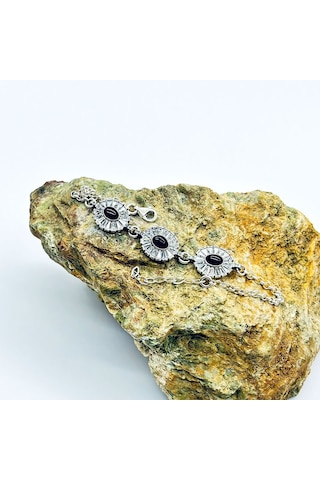 Oval Model Zirkon Ve Oltu Taşı İşçilikli 925 Ayar Gümüş Bileklik Gümüş - Siyah