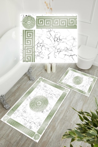 Dijital Baskı Mermer Desen Kaymaz Taban 2li Set Banyo Paspası Klozet Takımı 50x60cm-60x100cm Yeşil