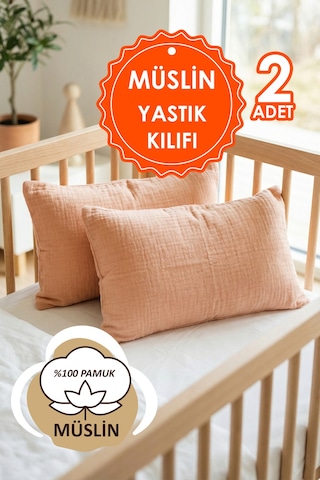 Çift Katlı Müslin Çocuk Yastık Kılıfı %100 Pamuk 35x45 cm 2’li Bebek Çocuk Kılıf Seti Somon