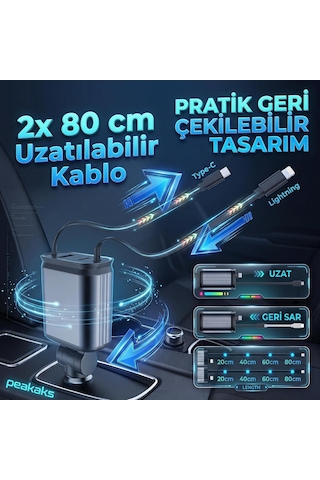 Tr 66w 5in1 Araç İçi Çakmaklık Hızlı Şarj Aleti, Tavan Aydınlatmalı, Çift Makaralı Kablo Type-c & Lightning