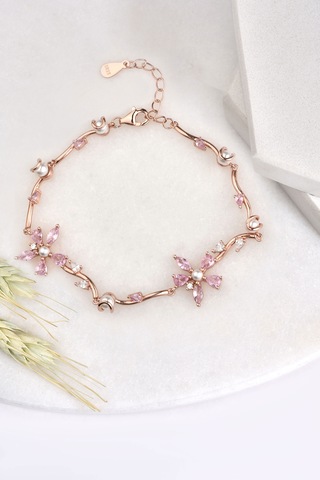 Madam Matmazel İnci Detaylı Nergiz Çiçeği Bileklik, Gold Rose Altın Kaplama Kübik Zirkon Cz , 925 Ayar Gümüş, Kadın Rose Gold