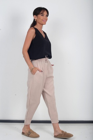 By Saygı Kadın Beli Lastikli Cepli İtalyan Cotton Lyocell Şalvar Pantolon Bej