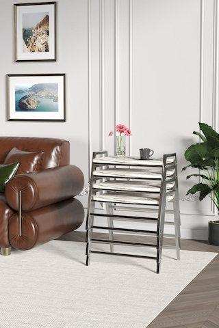 Zigon Sehpa , Aden 4'lü Tepsi Zigon Sehpa Takımı Gümüş Metal - Beyaz Mermer Tabla Gümüş-beyaz Mermer