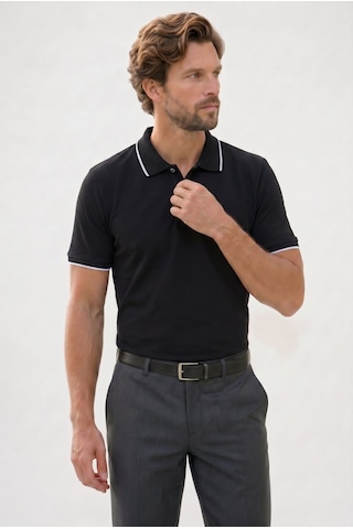 Tudors Erkek Regular Fit Klasik Kesim %100 Pamuk Kısa Kollu Çizgi Detaylı Siyah Polo Yaka Tişört-50849