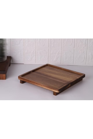 Atby Akasya Doğal Ahşap Ayaklı Kare Sunum Tepsisi Kahvaltı Peynir Meze Servis Tahtası 26x26cm Ahşap