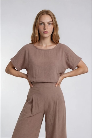 Vitrin Kısa Kol Oversize Keten Bluz CAMEL