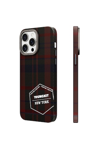 Apple Uyumlu iPhone 15 Pro Kılıf Ekose Desenli Youngkit Gezhi Serisi Kapak Kırmızı