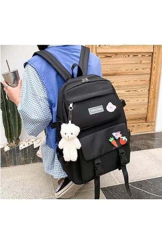 Aromee 5 Parça Set Kadın Laptop Sırt Çantası Tuval Okul Çantaları - Siyah